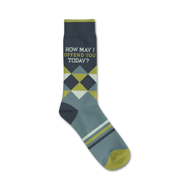 mens crew sassy socks: dark blue with green, yellow, white geometric pattern and words 'how may i offend you today?'.  
