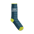Crew socks in teal and lime green with the phrase 'I Have Given Up' printed on the side.