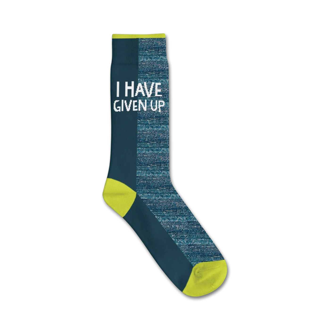 Crew socks in teal and lime green with the phrase 'I Have Given Up' printed on the side.