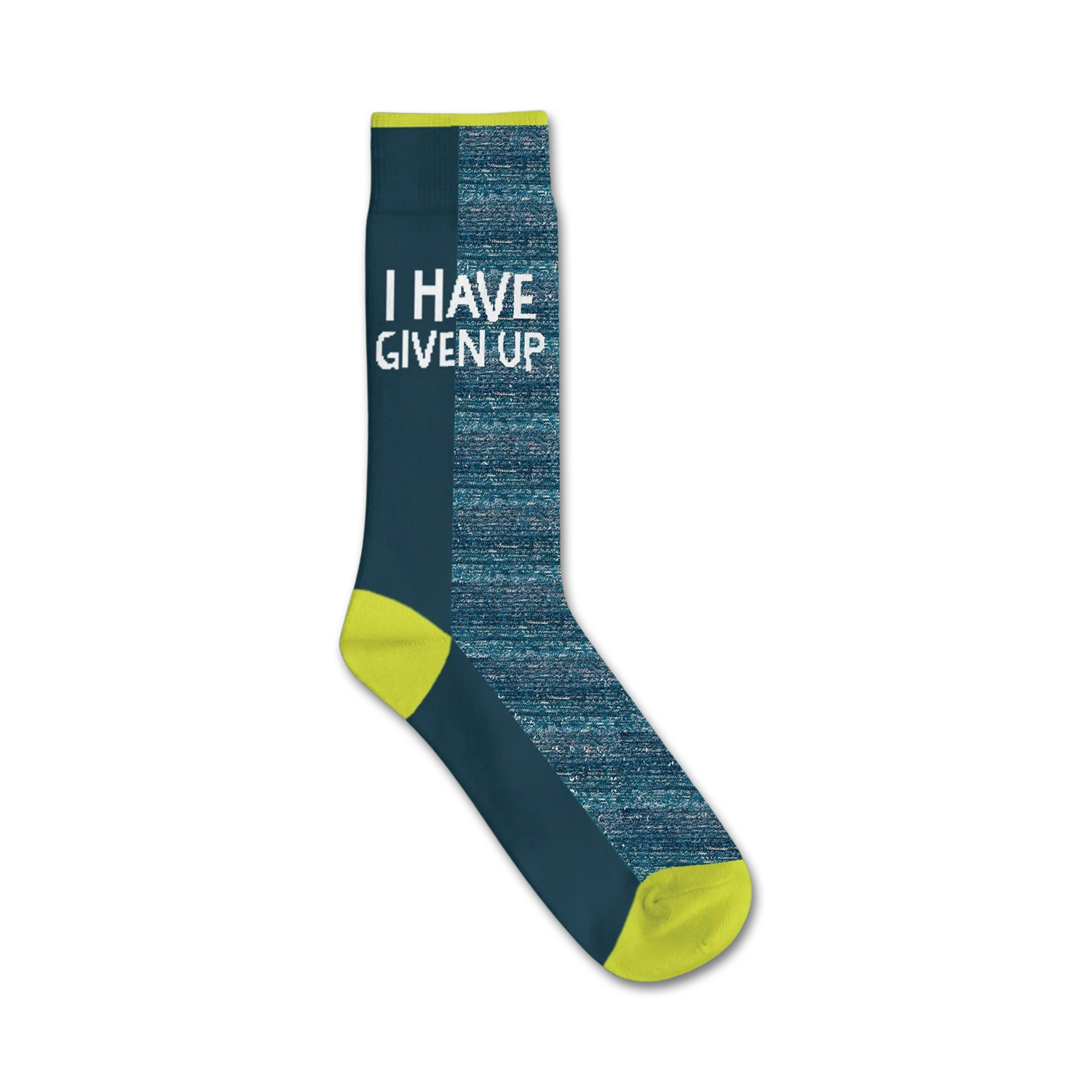 Crew socks in teal and lime green with the phrase 'I Have Given Up' printed on the side.
