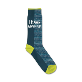 mens dark blue crew socks with yellow toes and heels, text on socks reads 'i have given up'   