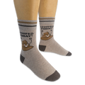 Mannequin legs wearing tan crew socks displaying a happy poop cartoon and I POOPED TODAY! text on the outer sides.