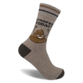 Tan crew sock with dark brown heel, toe, and cuff stripes, featuring a happy poop cartoon and I POOPED TODAY! text.