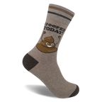 Tan crew sock with dark brown heel, toe, and cuff stripes, featuring a happy poop cartoon and I POOPED TODAY! text.