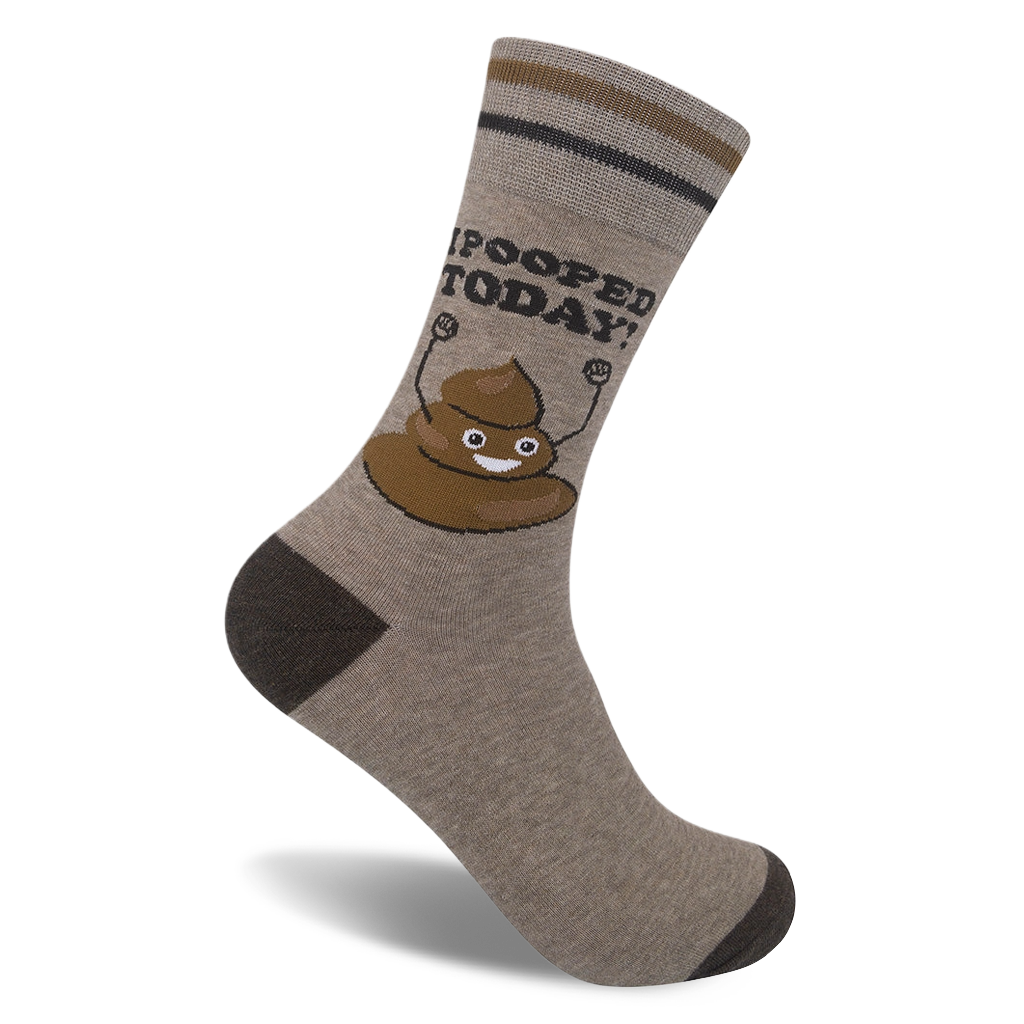 Tan crew sock with dark brown heel, toe, and cuff stripes, featuring a happy poop cartoon and I POOPED TODAY! text.