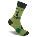 Light green crew sock with dark green cuff and toe. Features text WORLD'S OKAYEST GOLFER, a stick figure, and argyle pattern.