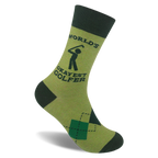 Light green crew sock with dark green cuff and toe. Features text WORLD'S OKAYEST GOLFER, a stick figure, and argyle pattern.