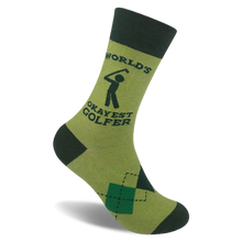 Light green crew sock with dark green cuff and toe. Features text WORLD'S OKAYEST GOLFER, a stick figure, and argyle pattern.