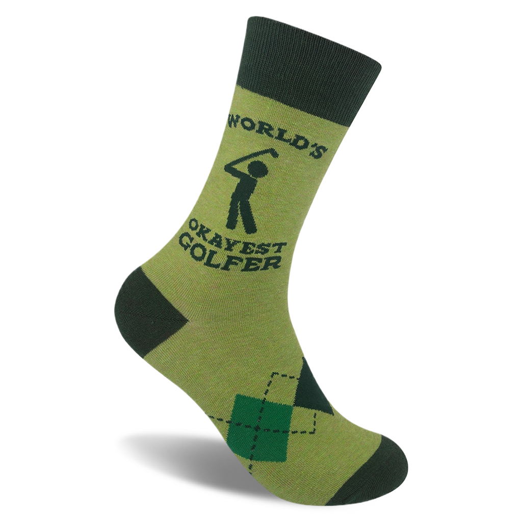 Light green crew sock with dark green cuff and toe. Features text WORLD'S OKAYEST GOLFER, a stick figure, and argyle pattern.