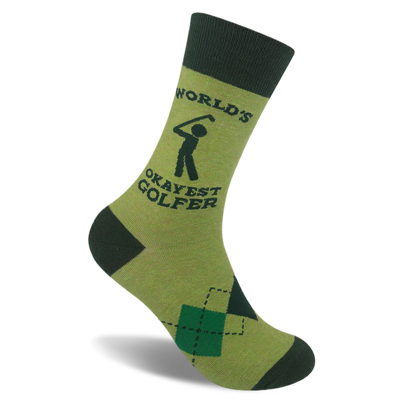 Light green crew sock with dark green cuff and toe. Features text WORLD'S OKAYEST GOLFER, a stick figure, and argyle pattern.