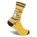 Mustard yellow crew sock with navy stripes. Features a white cat hanging over a tub and Hang in there, it gets worse text.
