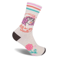 Heathered cream sock with a pink-haired cowgirl, western hat, retro stripes, and Let's go Girls text.