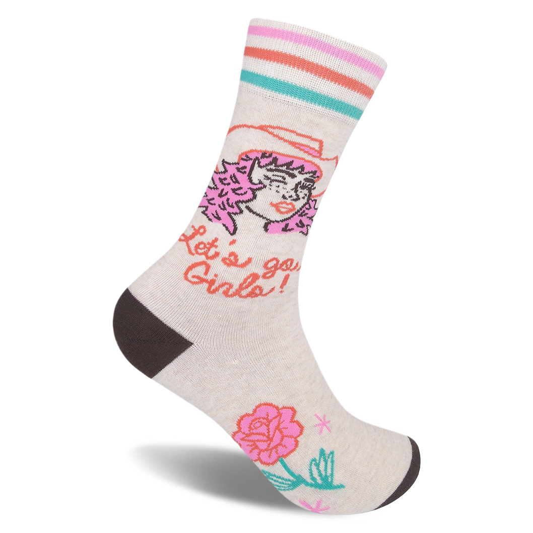 Heathered cream sock with a pink-haired cowgirl, western hat, retro stripes, and Let's go Girls text.
