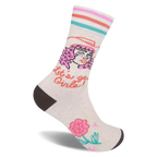 Heathered cream sock with a pink-haired cowgirl, western hat, retro stripes, and Let's go Girls text.