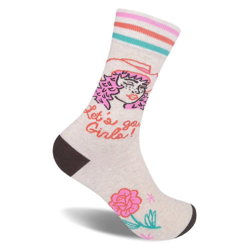 Heathered cream sock with a pink-haired cowgirl, western hat, retro stripes, and Let's go Girls text.