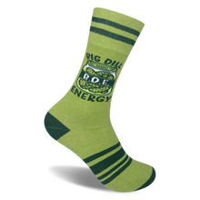 Light green socks with dark green stripes, heel, and toe. The ankle features a pickle jar reading BIG DILL B.D.E. ENERGY.