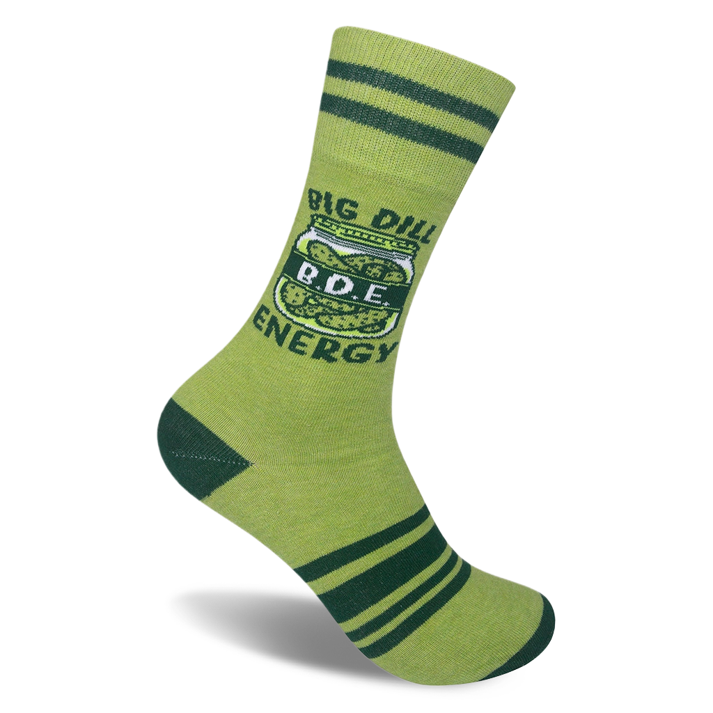 Light green socks with dark green stripes, heel, and toe. The ankle features a pickle jar reading BIG DILL B.D.E. ENERGY.