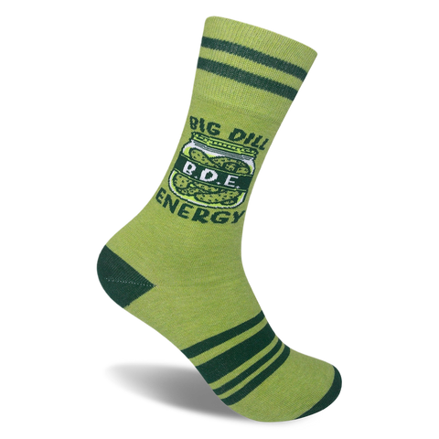 Light green socks with dark green stripes, heel, and toe. The ankle features a pickle jar reading BIG DILL B.D.E. ENERGY.