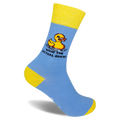 Light blue crew sock with a yellow cuff and heel. Shows a pixel art yellow rubber duck and the text WHAT THE ACTUAL DUCK!