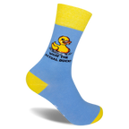 Light blue crew sock with a yellow cuff and heel. Shows a pixel art yellow rubber duck and the text WHAT THE ACTUAL DUCK!