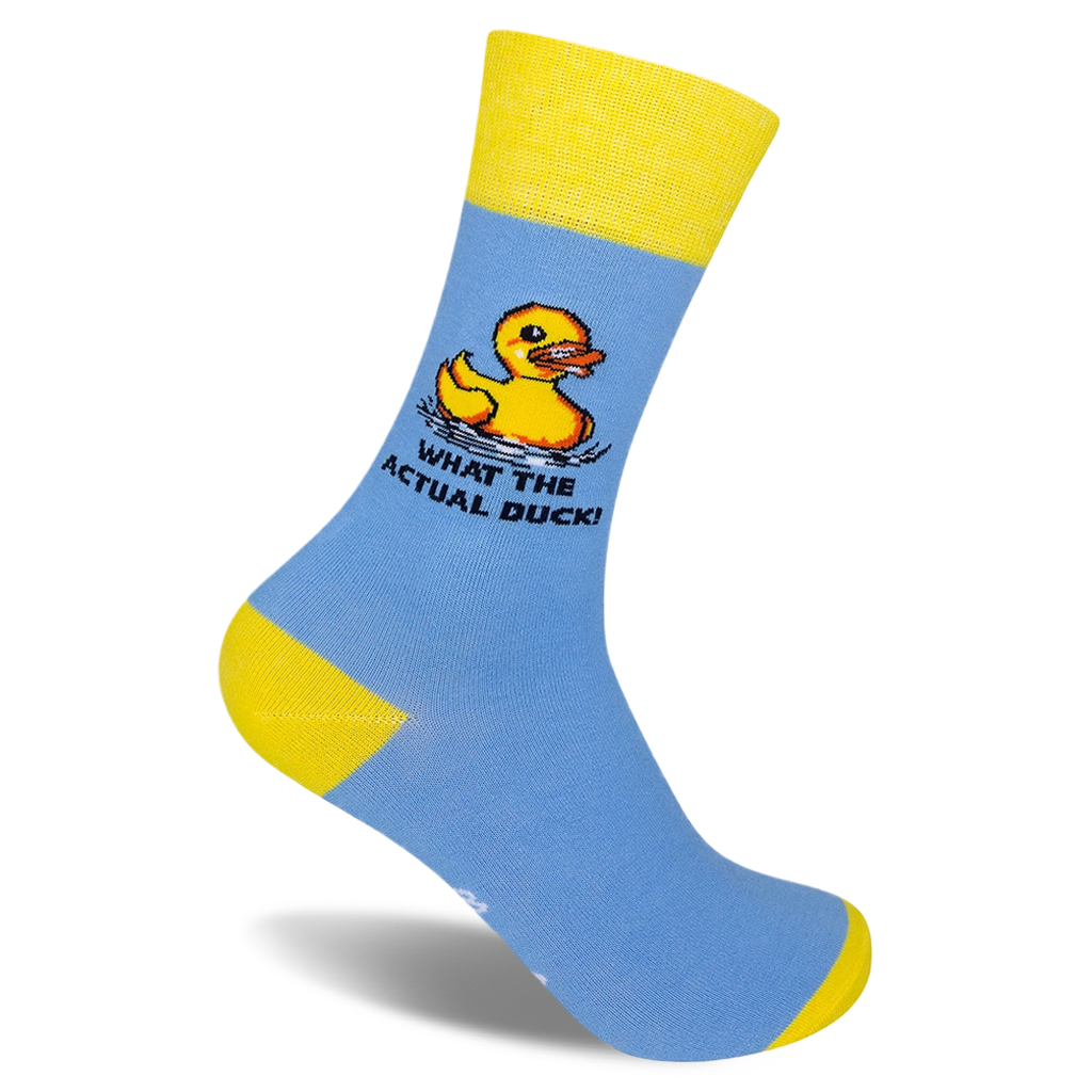 Light blue crew sock with a yellow cuff and heel. Shows a pixel art yellow rubber duck and the text WHAT THE ACTUAL DUCK!