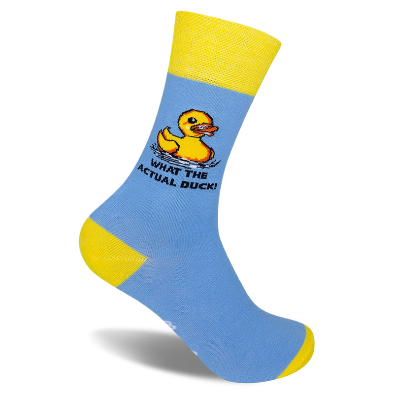 Light blue crew sock with a yellow cuff and heel. Shows a pixel art yellow rubber duck and the text WHAT THE ACTUAL DUCK!