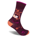Dark burgundy crew sock with an orange heel and toe. Features a white cat tangled in yarn and text Fluff around & find out.