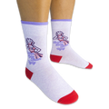 Person wearing light purple crew socks showing a retro woman checking her watch and Better Late Than Ugly text on the sides.