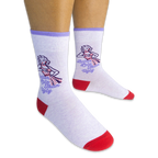 Person wearing light purple crew socks showing a retro woman checking her watch and Better Late Than Ugly text on the sides.