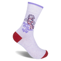 Light purple crew sock featuring a retro woman checking her watch, the text Better Late Than Ugly, and red toe and heel.