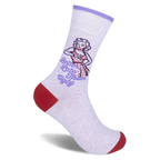 Light purple crew sock featuring a retro woman checking her watch, the text Better Late Than Ugly, and red toe and heel.