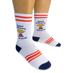 Person wearing light grey crew socks featuring red stripes, blue heels, and a yellow trophy reading Social Gathering Survivor.