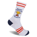 Heather grey crew sock with navy toe and heel, red stripes, and a smiling yellow trophy reading Social Gathering Survivor.