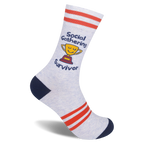 Heather grey crew sock with navy toe and heel, red stripes, and a smiling yellow trophy reading Social Gathering Survivor.