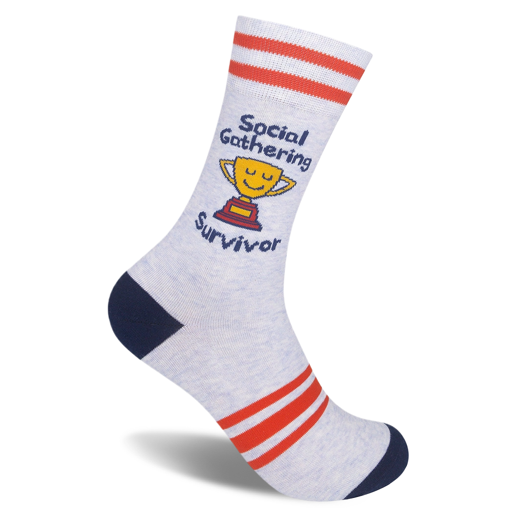 Heather grey crew sock with navy toe and heel, red stripes, and a smiling yellow trophy reading Social Gathering Survivor.