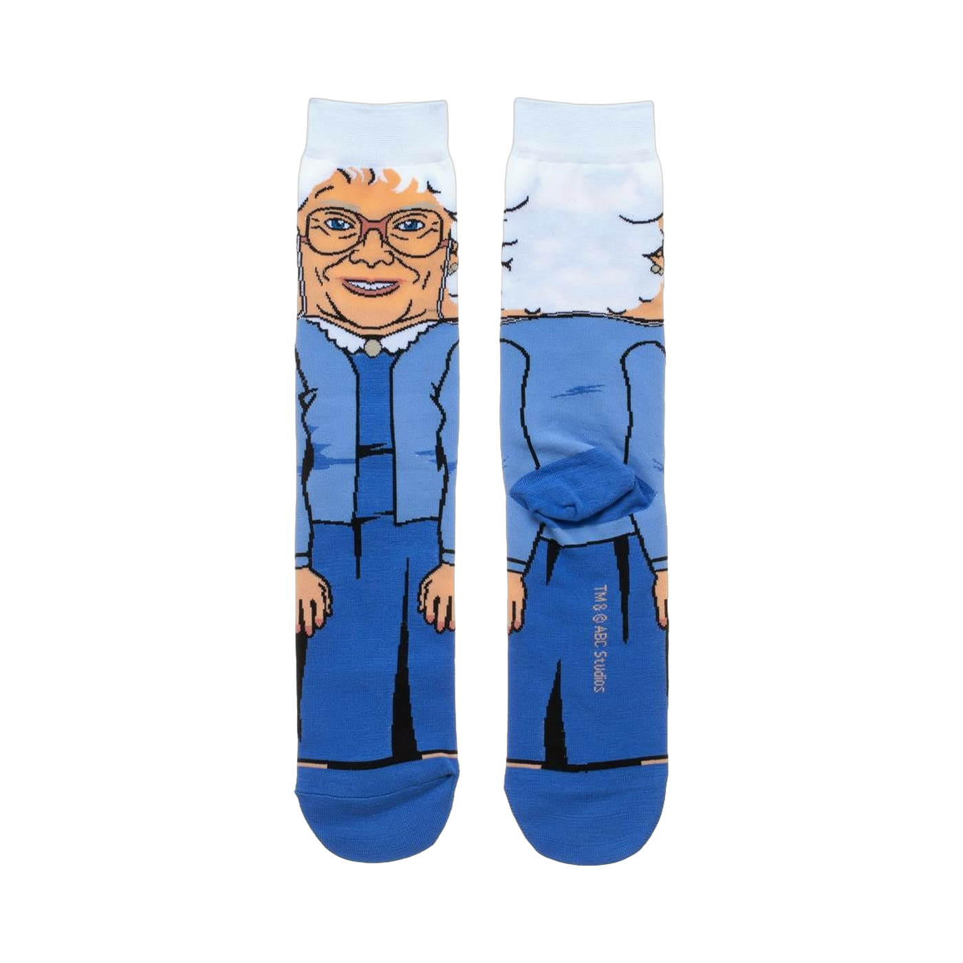Back view of the Golden Girls Sophia crew socks, showcasing the full design on both socks.