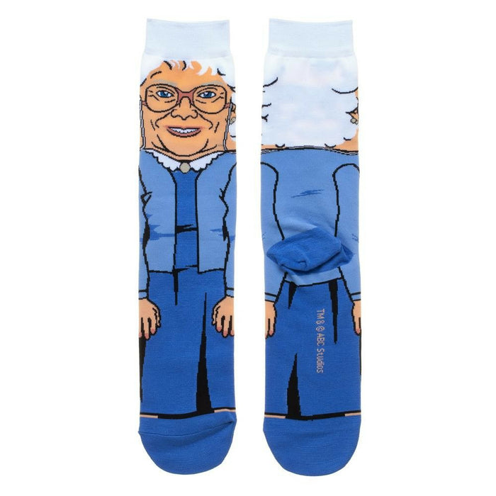 Back view of the Golden Girls Sophia crew socks, showcasing the full design on both socks.