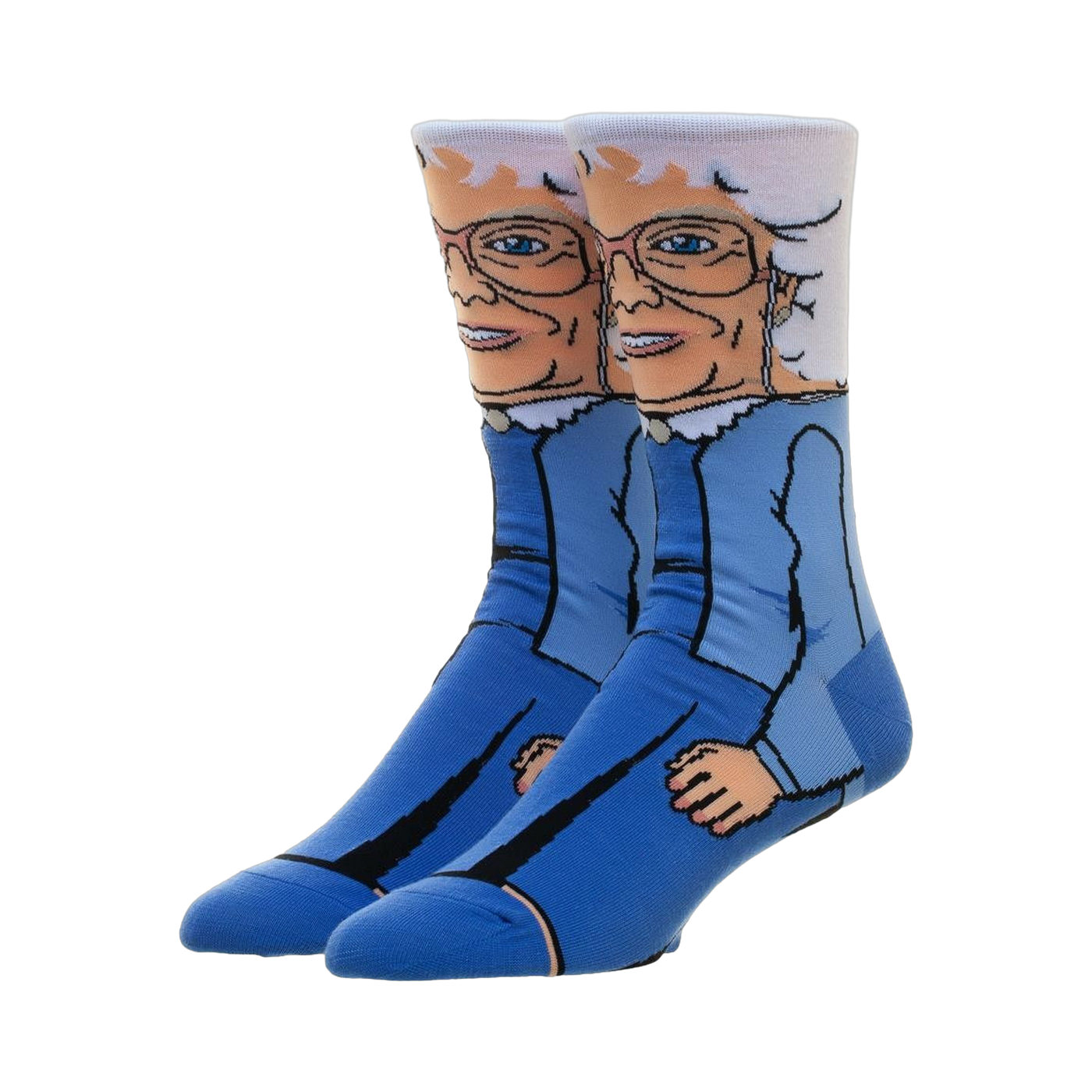 Pair of crew socks featuring a colorful cartoon illustration of Sophia from the Golden Girls. Primarily blue and white.