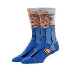 Pair of crew socks featuring a colorful cartoon illustration of Sophia from the Golden Girls. Primarily blue and white.