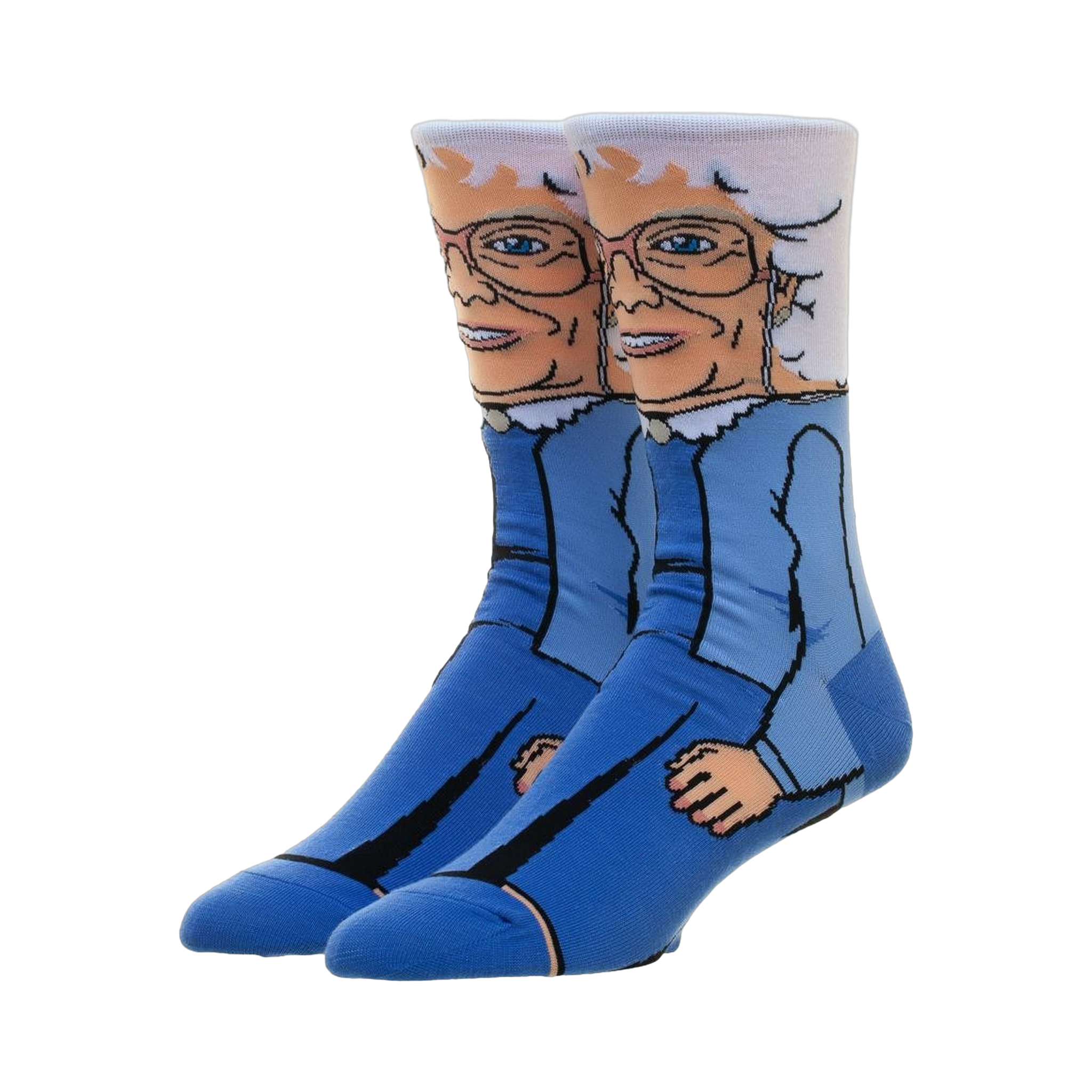 Pair of crew socks featuring a colorful cartoon illustration of Sophia from the Golden Girls. Primarily blue and white.