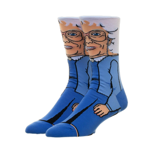 Pair of crew socks featuring a colorful cartoon illustration of Sophia from the Golden Girls. Primarily blue and white.