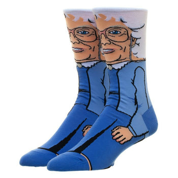 Pair of crew socks featuring a colorful cartoon illustration of Sophia from the Golden Girls. Primarily blue and white.