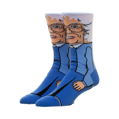 Pair of crew socks featuring a colorful cartoon illustration of Sophia from the Golden Girls. Primarily blue and white.