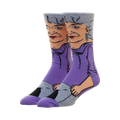 Pair of crew socks showcasing a cartoon-style portrait of Dorothy from the Golden Girls, predominantly purple and gray.
