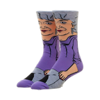 Pair of crew socks showcasing a cartoon-style portrait of Dorothy from the Golden Girls, predominantly purple and gray.