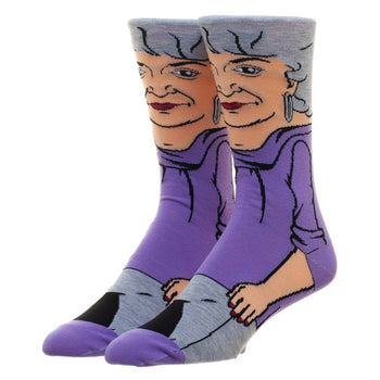 Pair of crew socks showcasing a cartoon-style portrait of Dorothy from the Golden Girls, predominantly purple and gray.