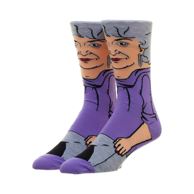 Pair of crew socks showcasing a cartoon-style portrait of Dorothy from the Golden Girls, predominantly purple and gray.