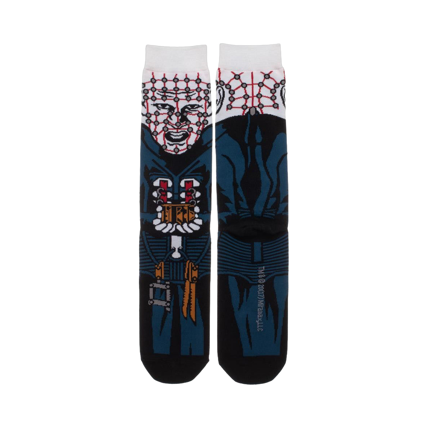 Flatlay image of Hellraiser Pinhead 360 character socks showcasing the full design detail.