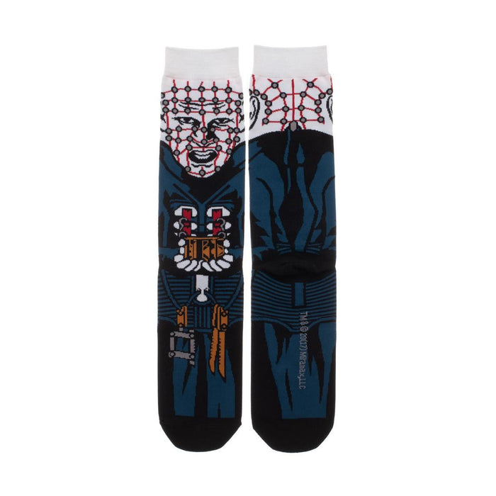 A pair of black and blue socks with an image of Pinhead from the Hellraiser horror movies.