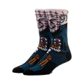 Pair of crew socks, black and teal, featuring a 360-degree image of Pinhead from Hellraiser.